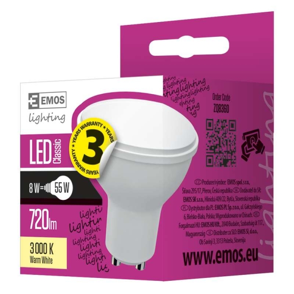 LED žarnica classic MR16 8W GU10 WW toplo bela EMOS