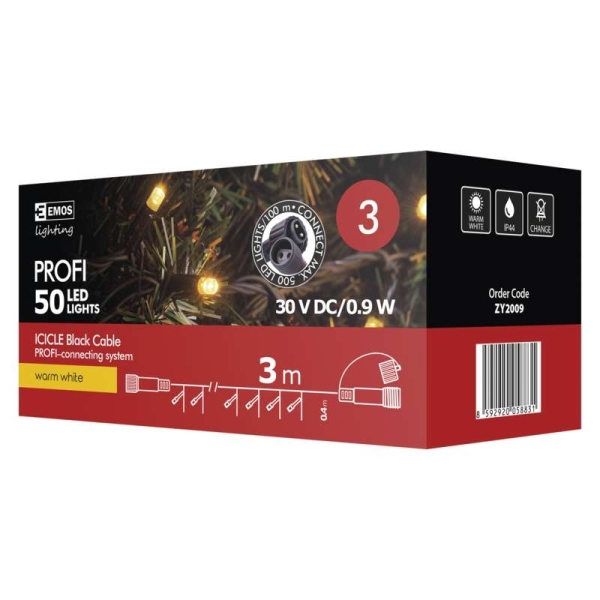 NOVOLETNE LUČKE Povezovalni niz Profi - 50 LED ledene sveče, črn, 3m, WW
