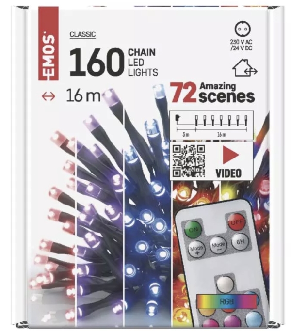 LED božična veriga, 16 m, zunanja in notranja, RGB, upravljalnik, programi, časovnik
