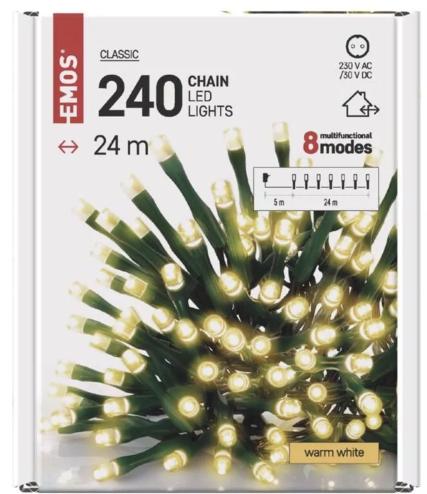 LED božična veriga, 24 m, zunanja in notranja, topla bela, časovnik