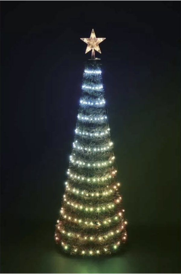 LED božična jelka s svetl. verigo in zvezdo, 1,8 m, notranja, RGB, upravljalnik, časovnik